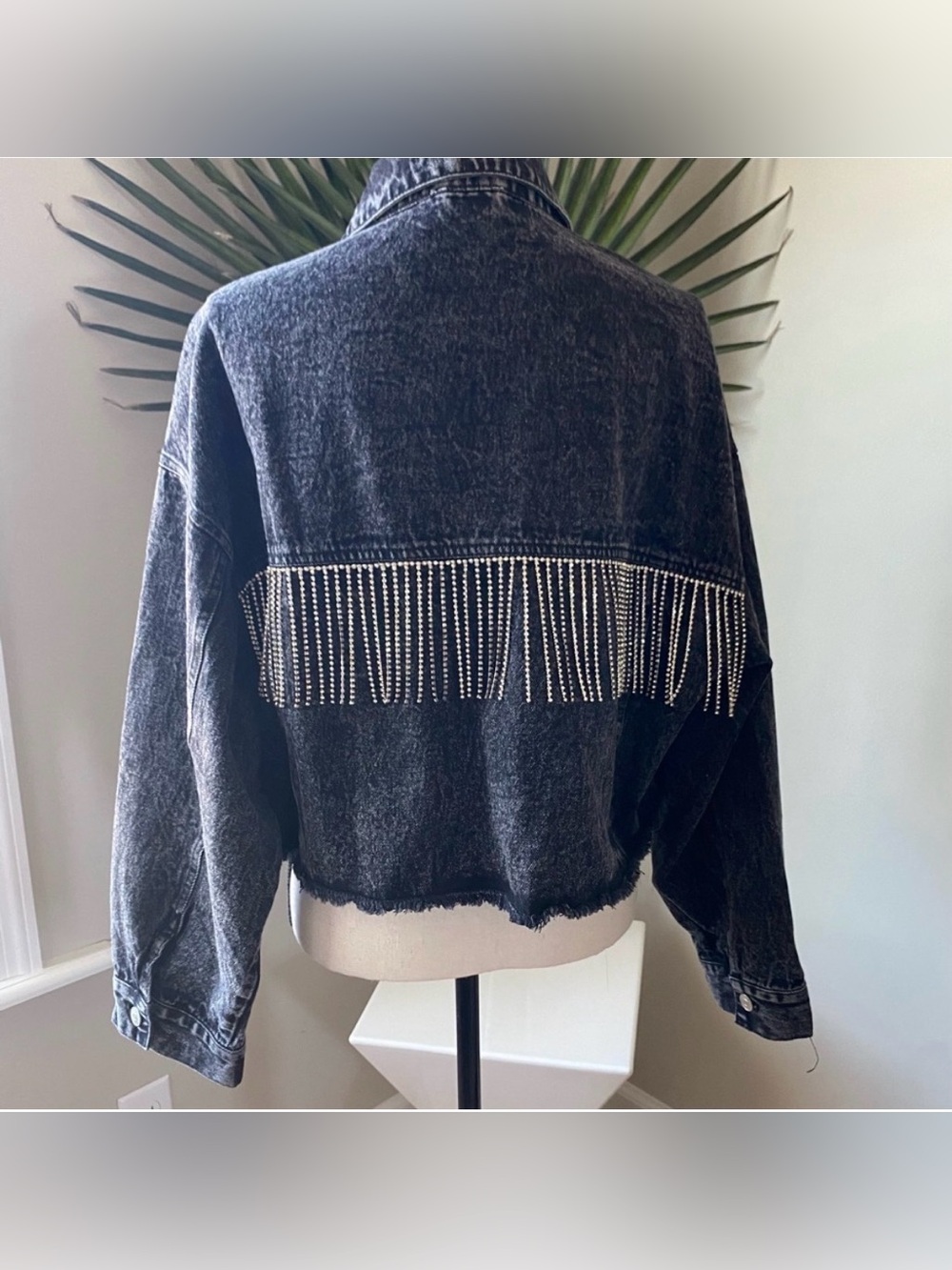Pink Lily x Krista Horton Oversized Rhinestone Fringe Cropped Denim Jacket S
